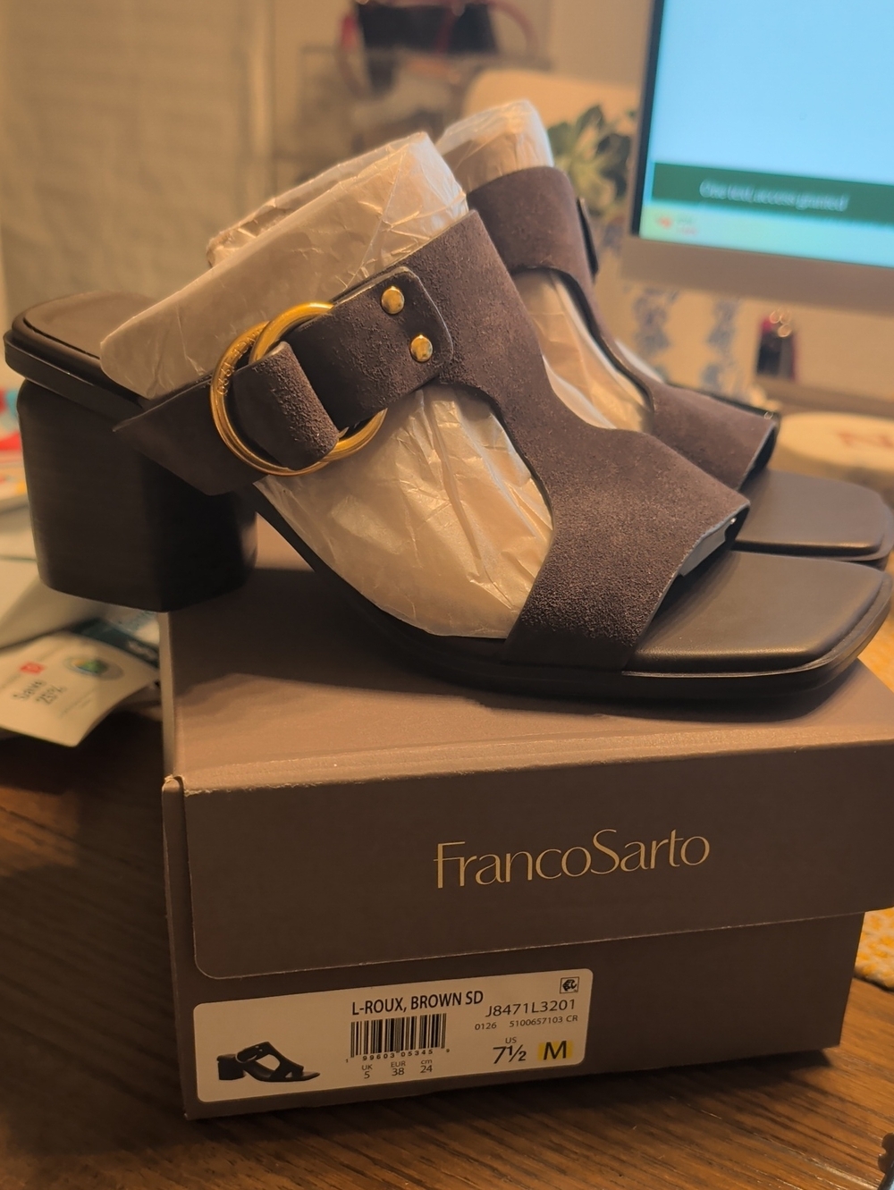Franco Sarto Brown Suede Block Heel Mules with Gold Buckle